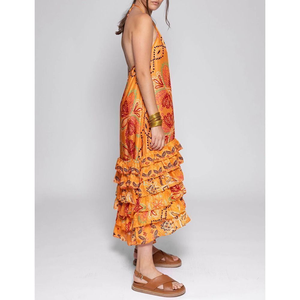 Sundress Maxi Dress M/L Floral Halter Tiered‎ Flounce Boho Resort Vacation Luxe - Picture 2 of 14